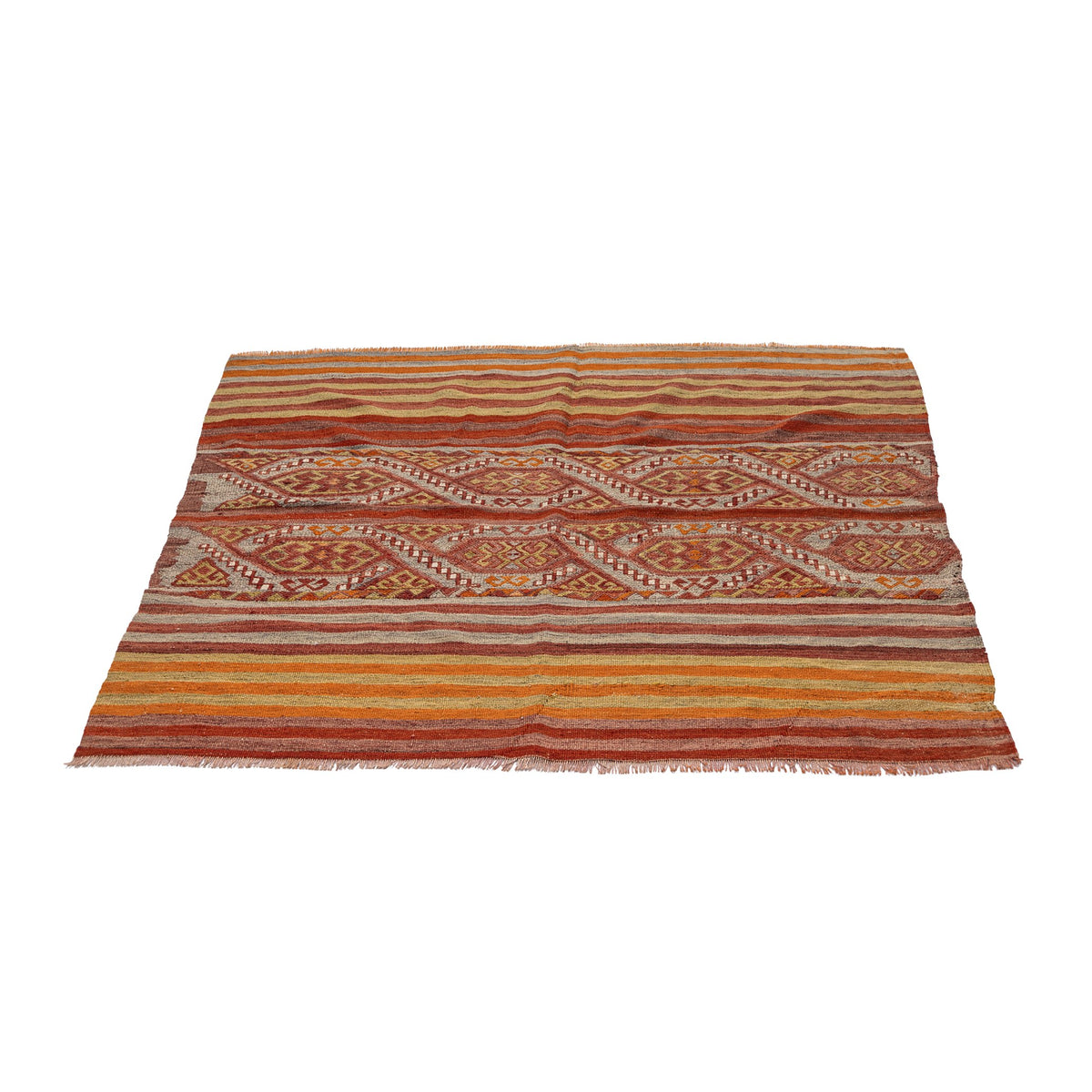 - (4'4'' x 4'6'') Striped Tribal Vintage Kilim Rug