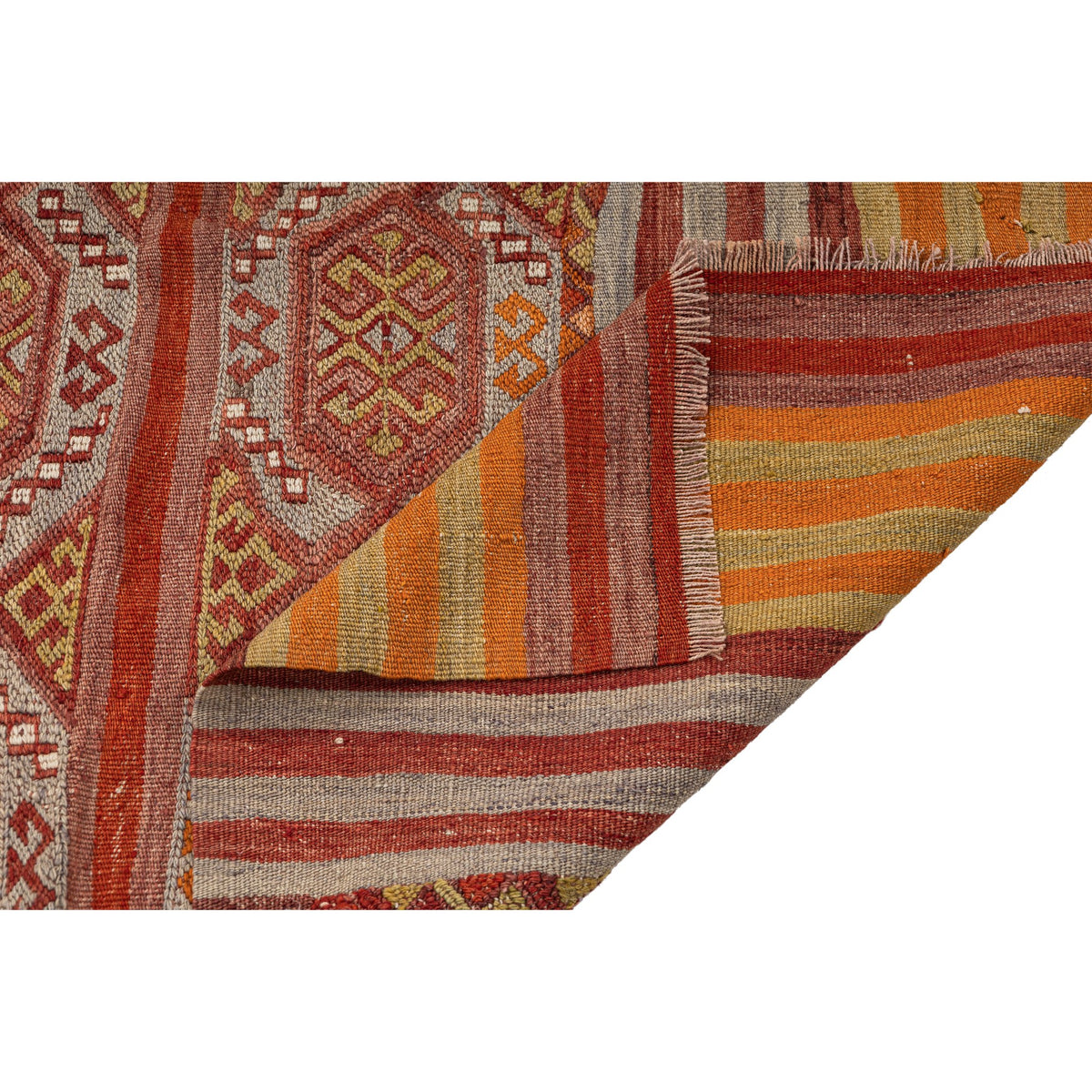 - (4'4'' x 4'6'') Striped Tribal Vintage Kilim Rug