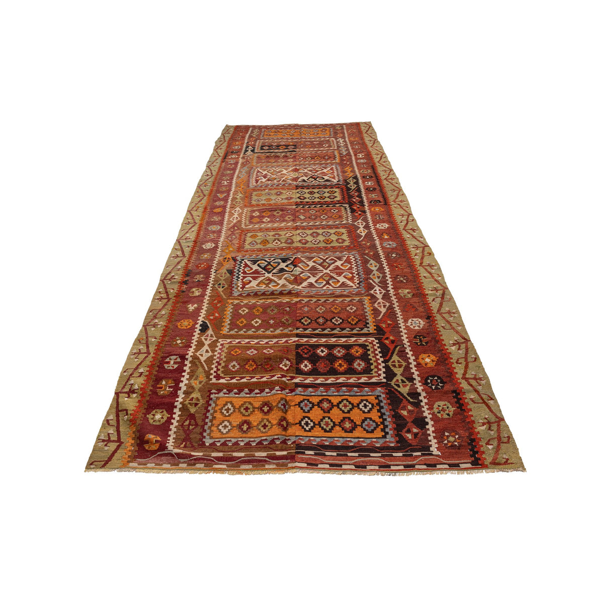 - (4'9'' x 12'8'') Handmade Tribal Vintage Kilim Runner