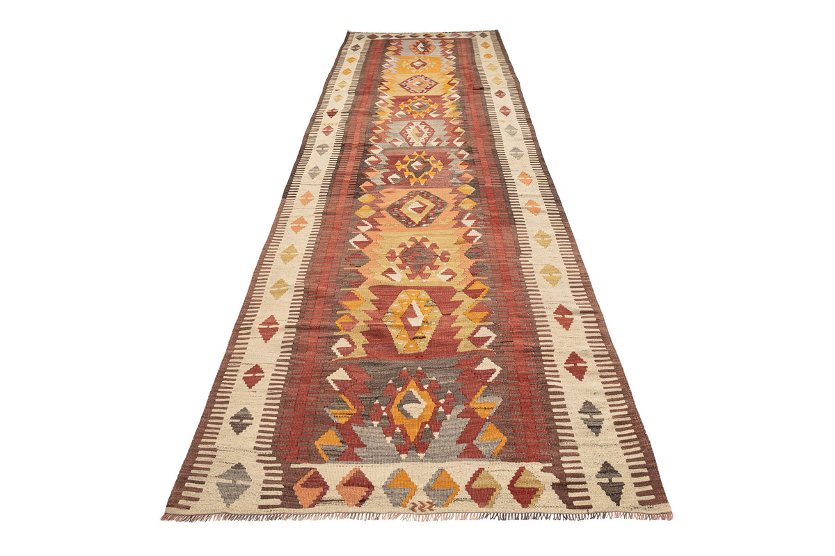 (4'1'' x 12'7'') Authentic Flatweave Vintage Kilim Runner Rug