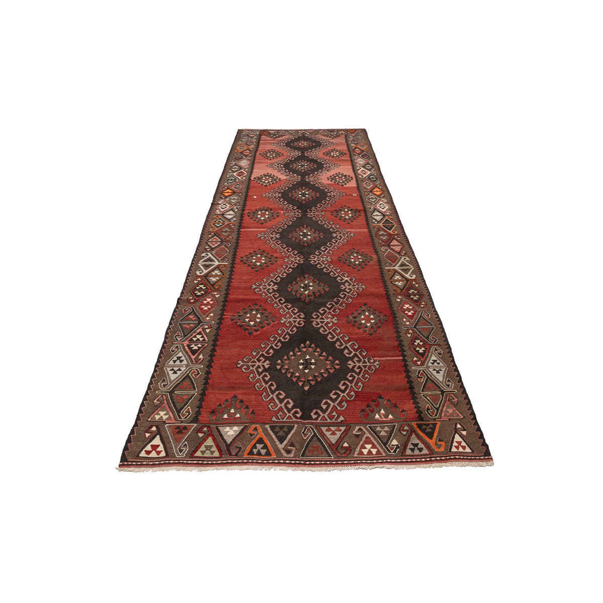 - (4'2'' x 12'4'') Handwoven Vintage Kilim Runner Rug