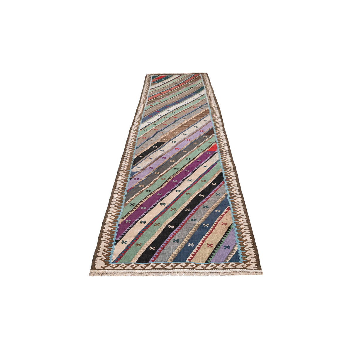 - (3'2'' x 11'9'') Handwoven Striped Vintage Kilim Runner Rug