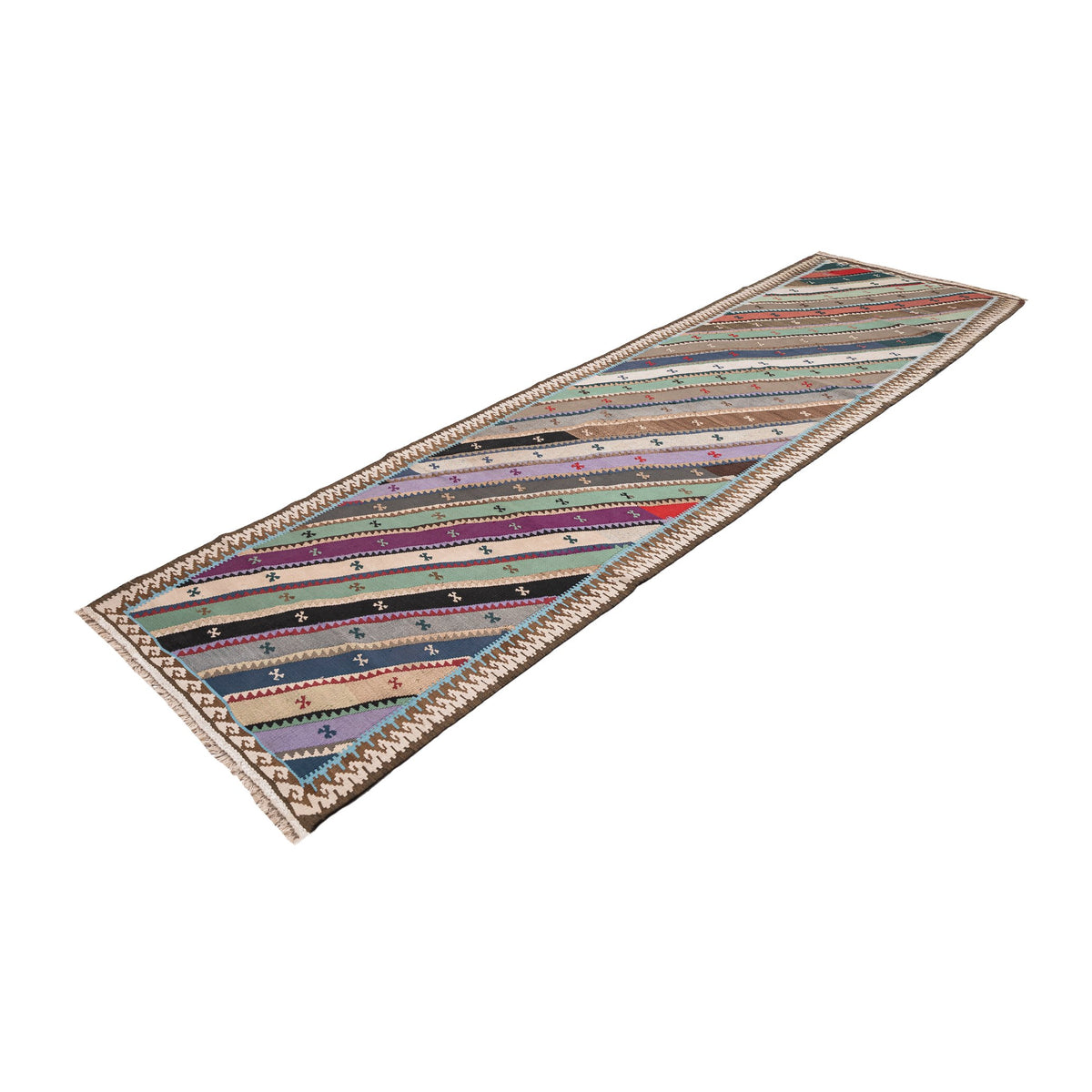 - (3'2'' x 11'9'') Handwoven Striped Vintage Kilim Runner Rug