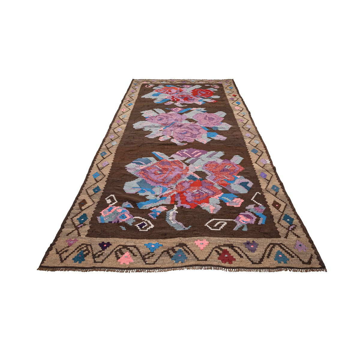 Handmade Brown Purple Flower Design Kilim Rug