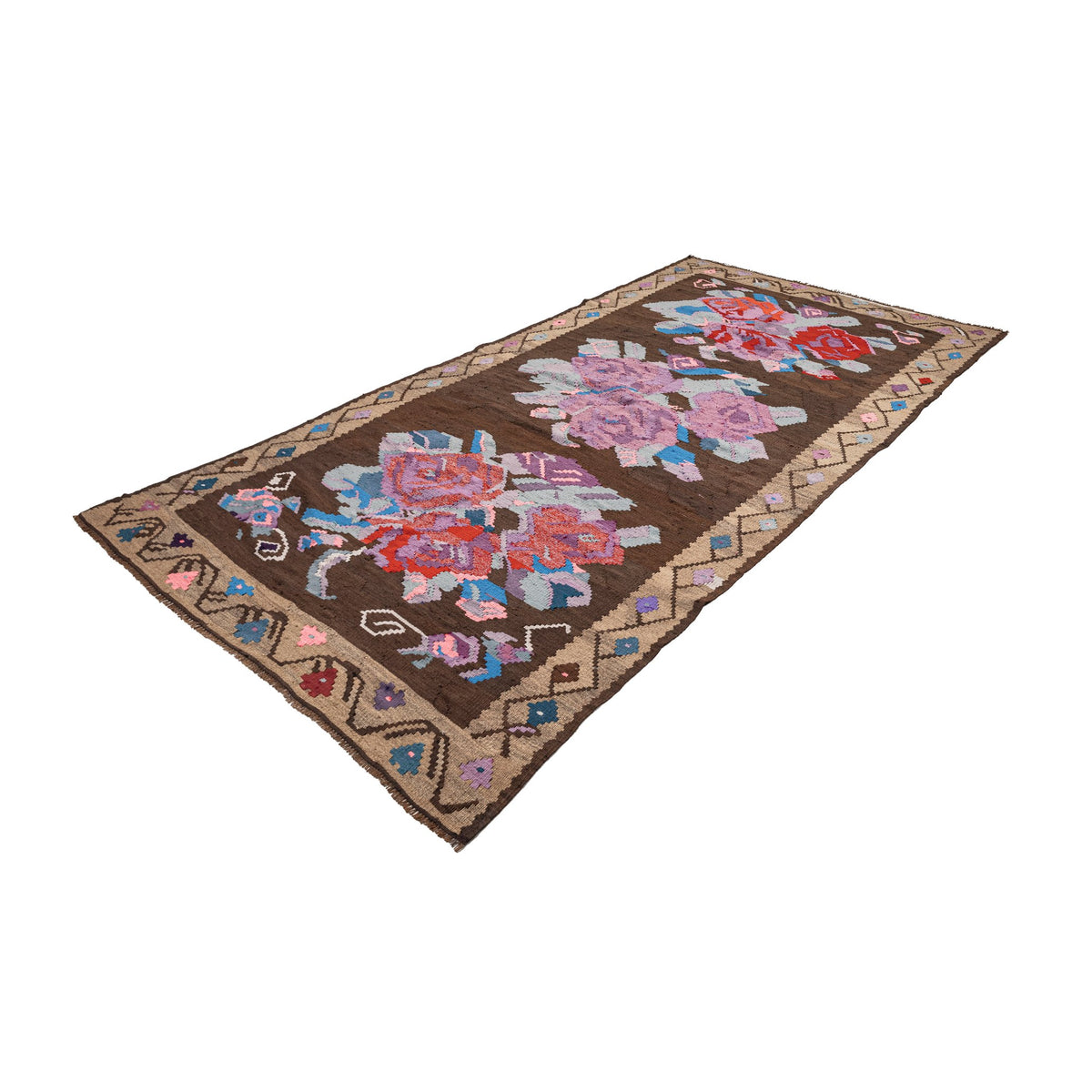 Handmade Brown Purple Flower Design Kilim Rug