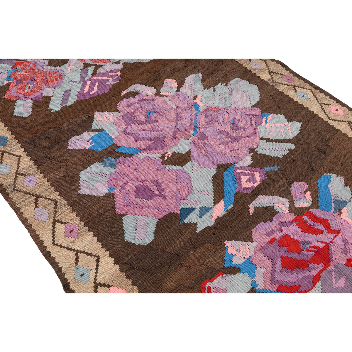 Handmade Brown Purple Flower Design Kilim Rug