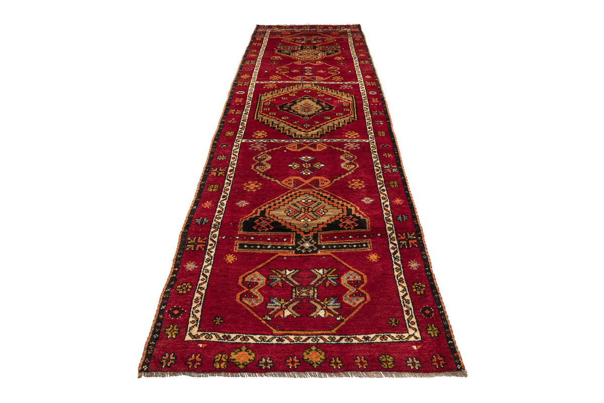 (3'7" x 11'10") Handmade Oriental Red Runner Rug