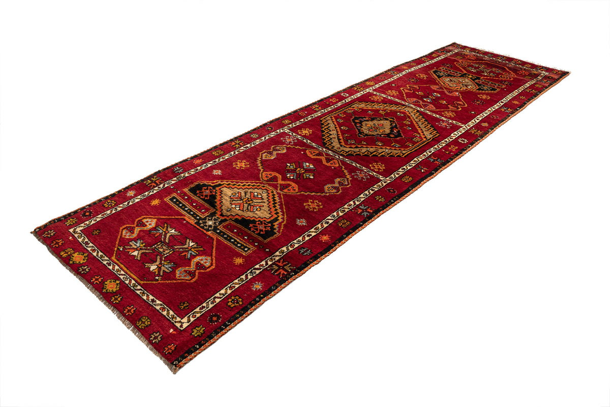 (3'7" x 11'10") Handmade Oriental Red Runner Rug