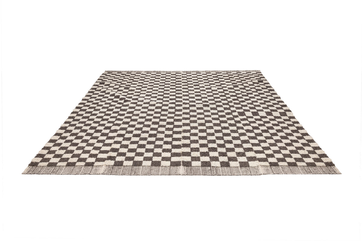 Handwoven Neutral Turkish Checkered Wool Rug