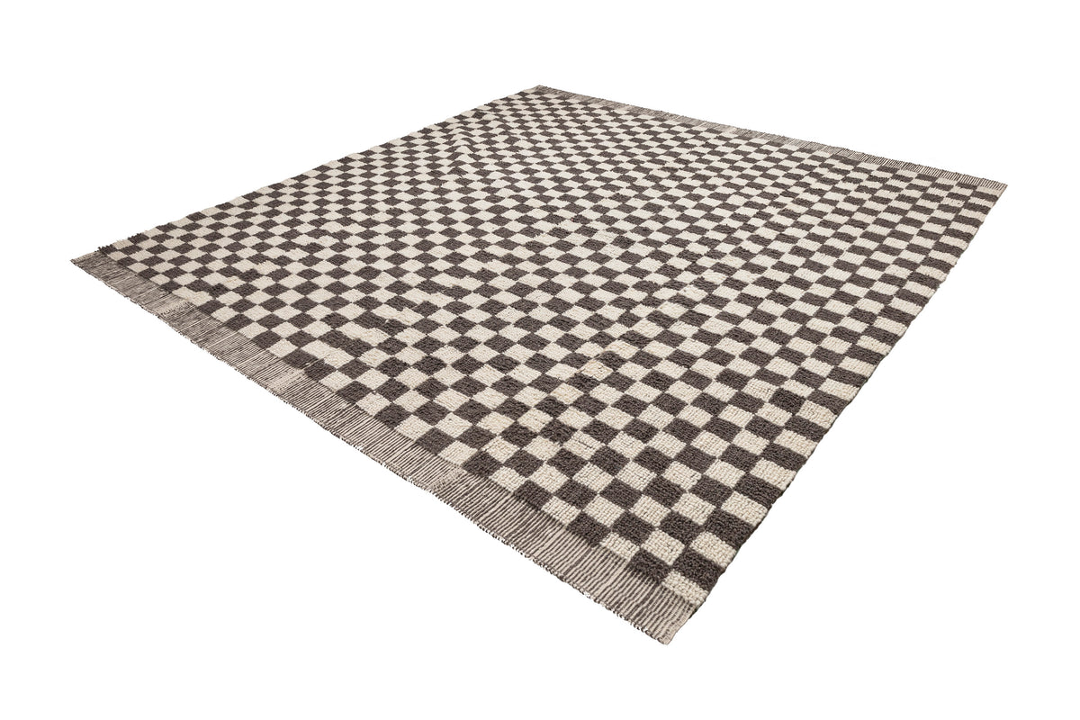 Handwoven Neutral Turkish Checkered Wool Rug