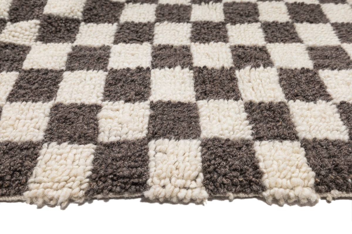 Handwoven Neutral Turkish Checkered Wool Rug