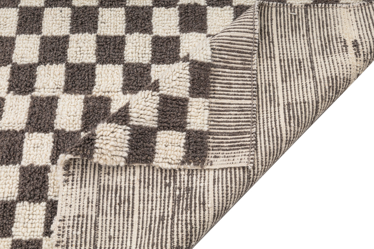 Handwoven Neutral Turkish Checkered Wool Rug