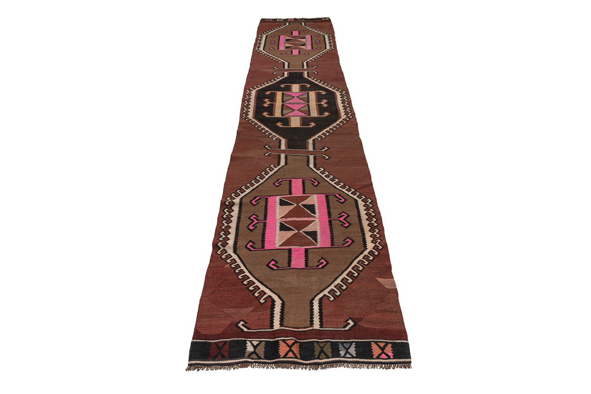 Handmade Oriental Turkish Brown Kilim Runner Rug