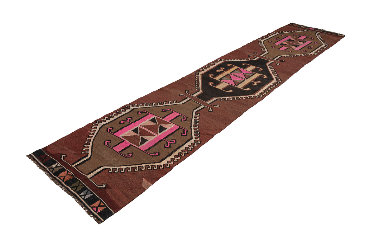 Handmade Oriental Turkish Brown Kilim Runner Rug