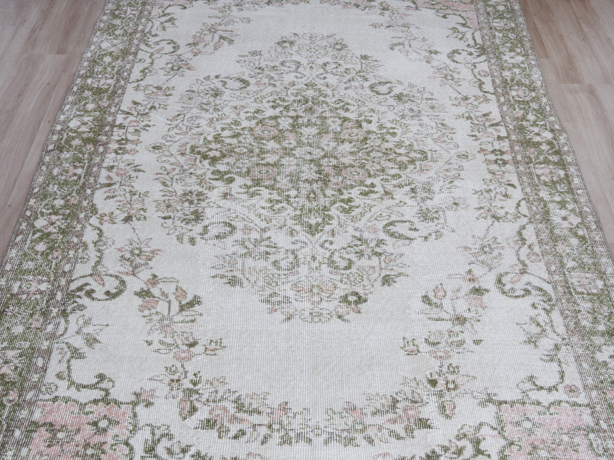 5'11" x 10'6" Vintage Green Beige Turkish Area Rug