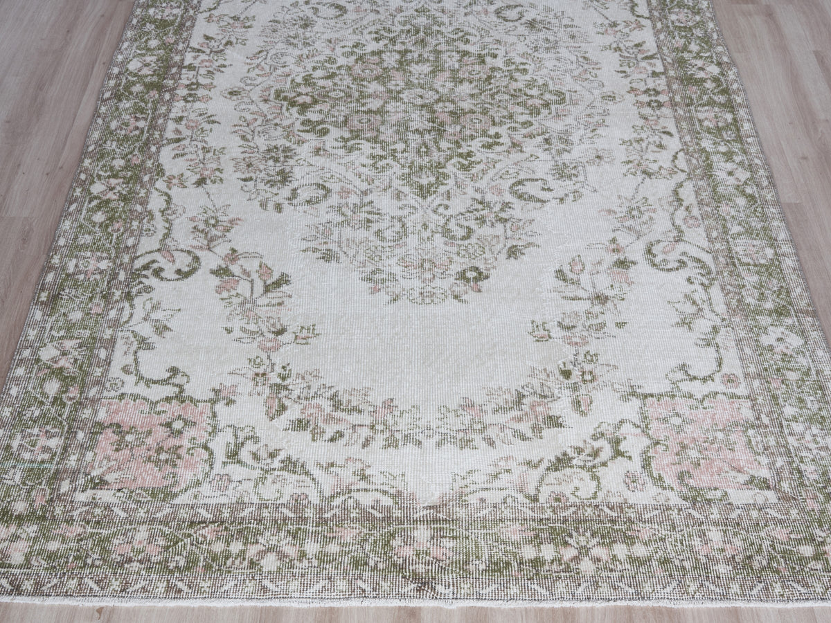 5'11" x 10'6" Vintage Green Beige Turkish Area Rug