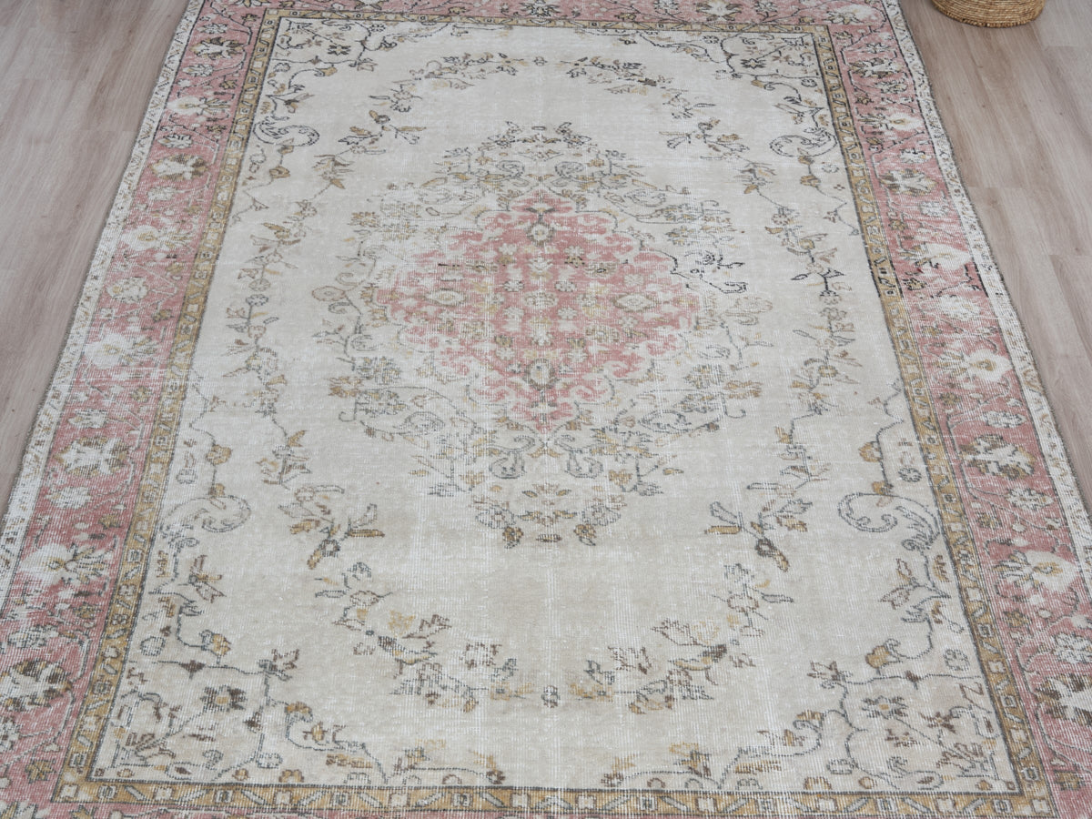 6'8" x 9'9" Neutral Vintage Turkish Area Rug