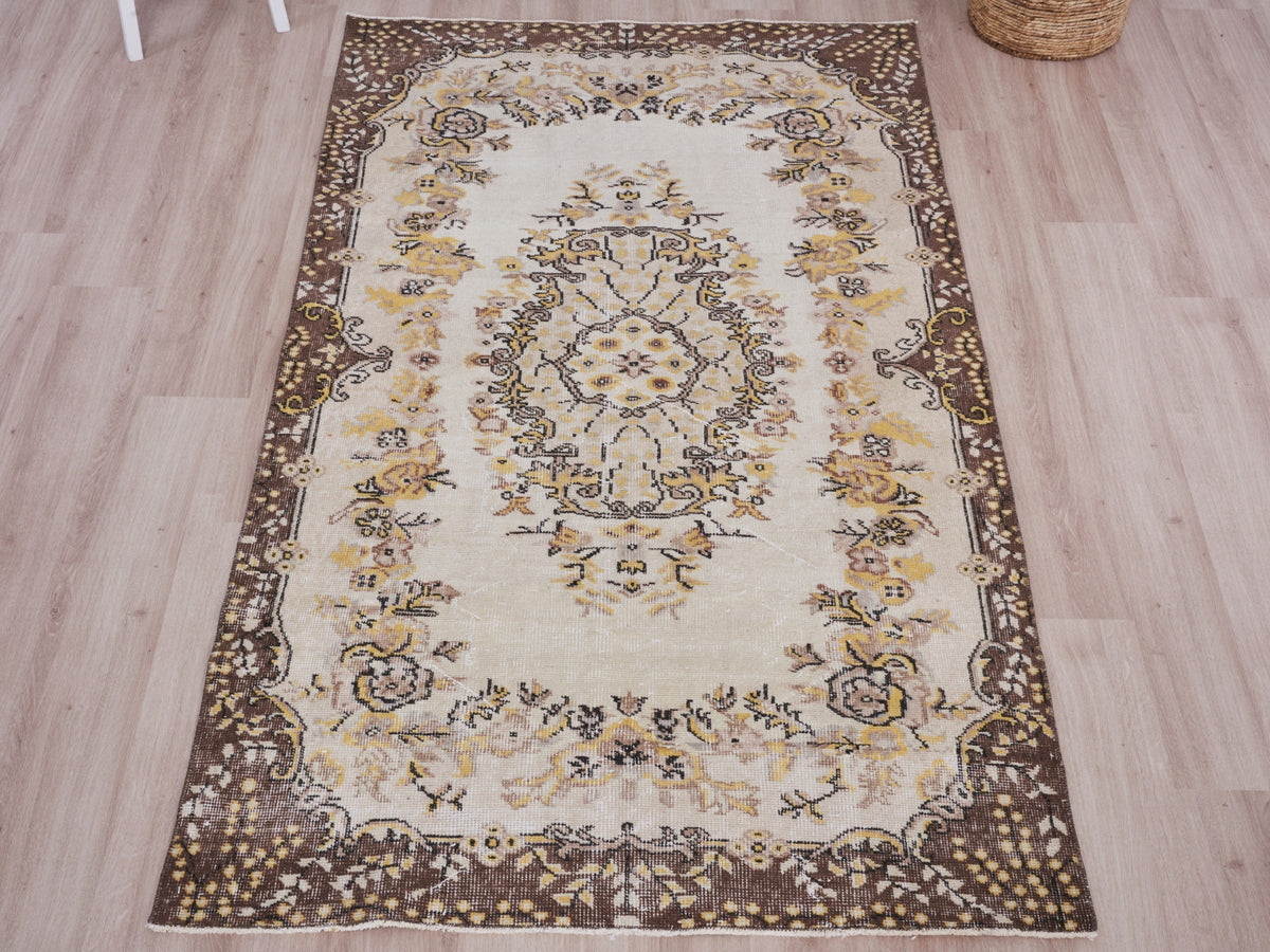 3'10" x 6'9" Beige Brown Vintage Turkish Scatter Rug