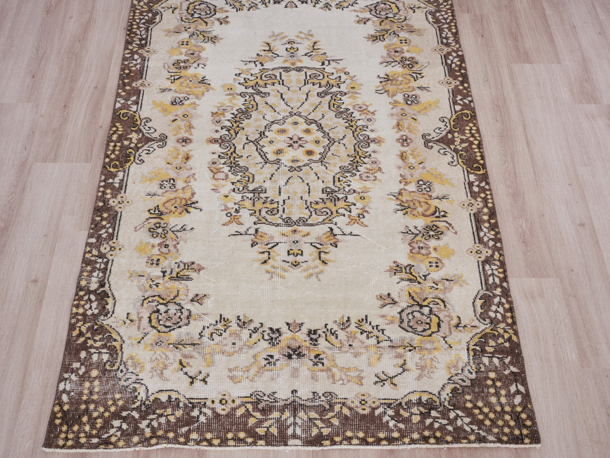 3'10" x 6'9" Beige Brown Vintage Turkish Scatter Rug