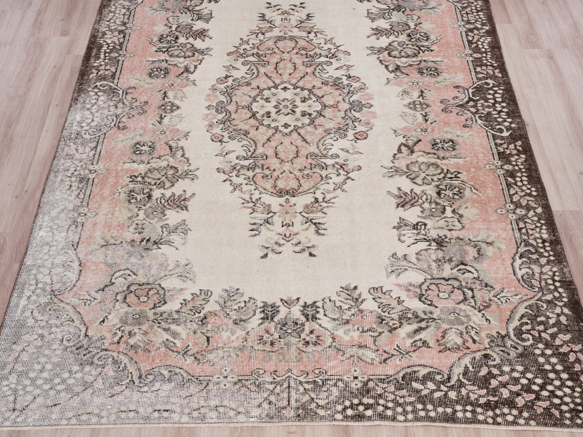 5'9" x 9'2" Brown Beige Pink Vintage Turkish Area Rug