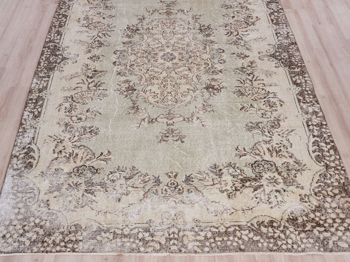 6'4" x 11' Green Beige Vintage Turkish Large Rug