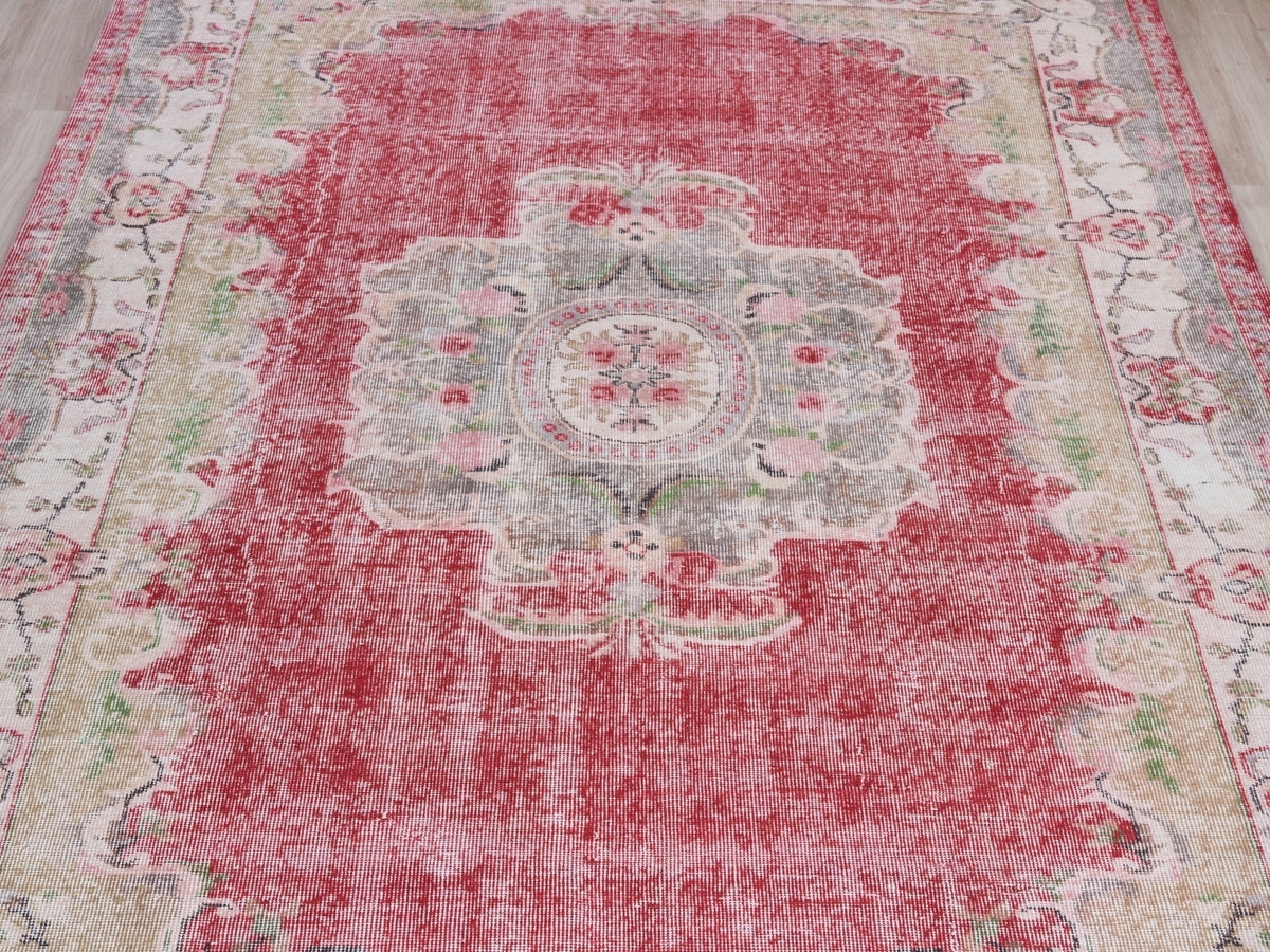 6'6" x 10' Red Vintage Turkish Area Rug