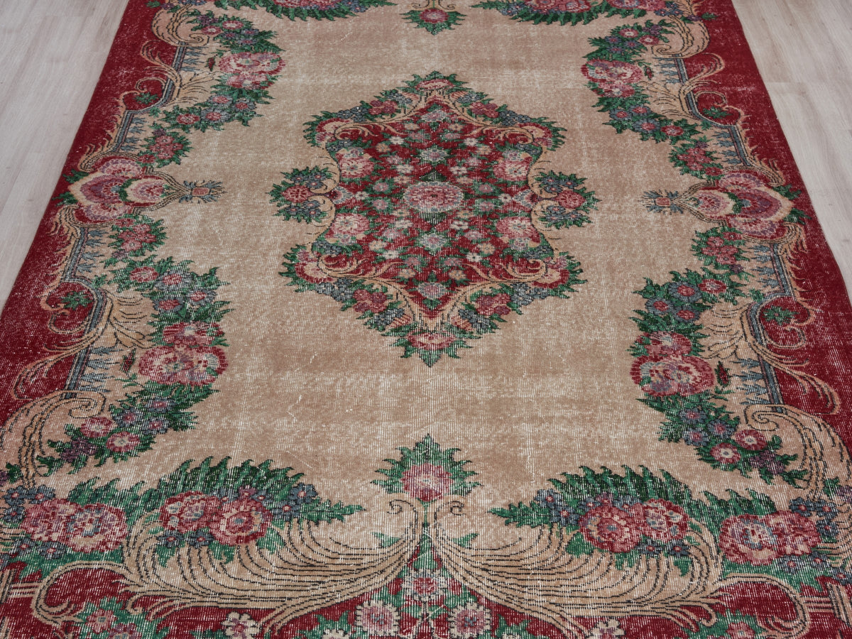 6'9" x 10'4" Beige Red Vintage Turkish Area Rug