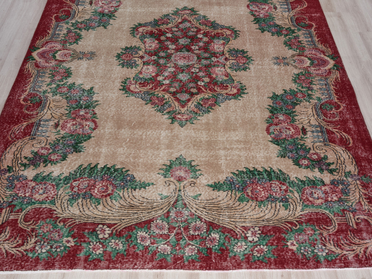 6'9" x 10'4" Beige Red Vintage Turkish Area Rug