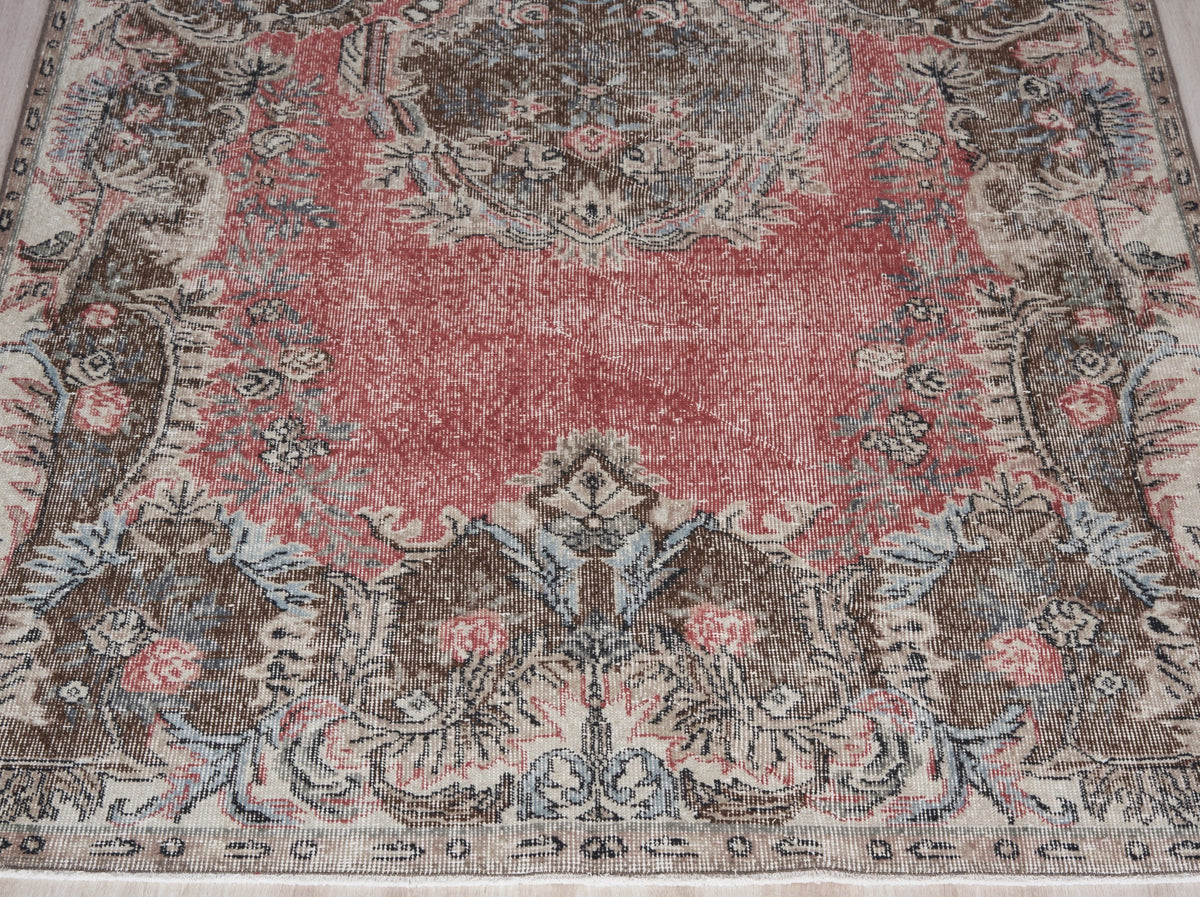 5'5" x 9'10" Brown Pink Vintage Turkish Area Rug