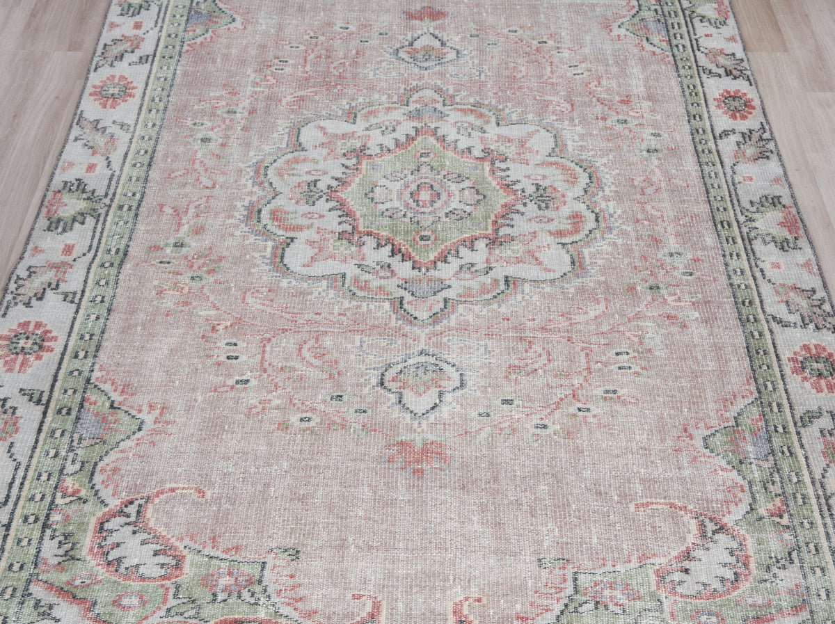 5'10" x 10'2" Pink Green Vintage Turkish Area Rug