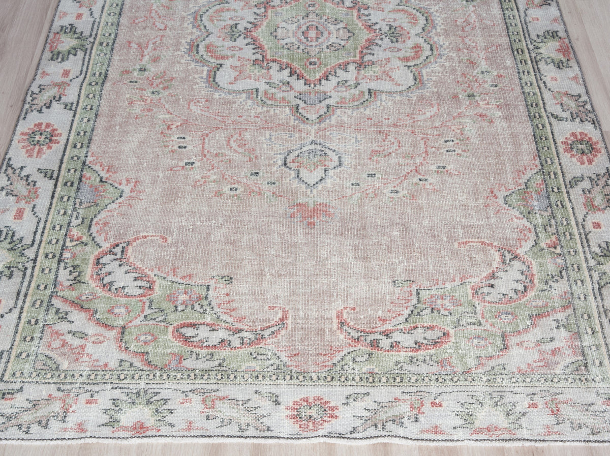 5'10" x 10'2" Pink Green Vintage Turkish Area Rug