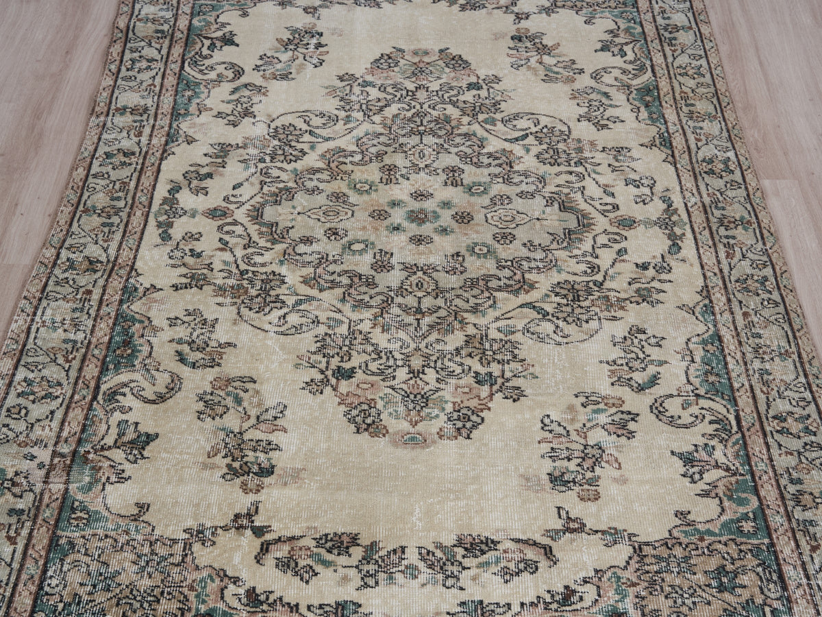 5'5" x 9'1" Green Brown Beige Vintage Turkish Area Rug