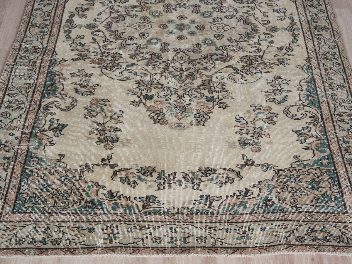 5'5" x 9'1" Green Brown Beige Vintage Turkish Area Rug