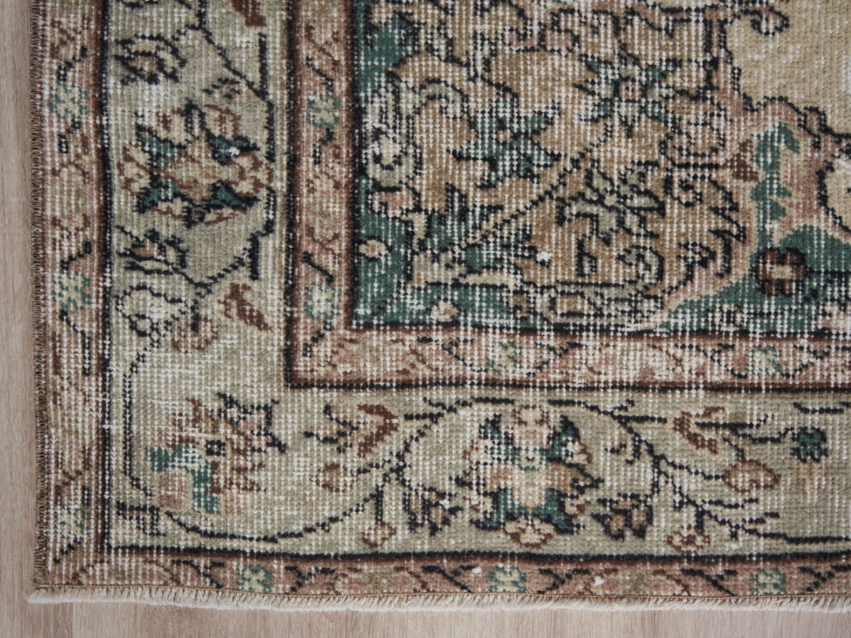 5'5" x 9'1" Green Brown Beige Vintage Turkish Area Rug