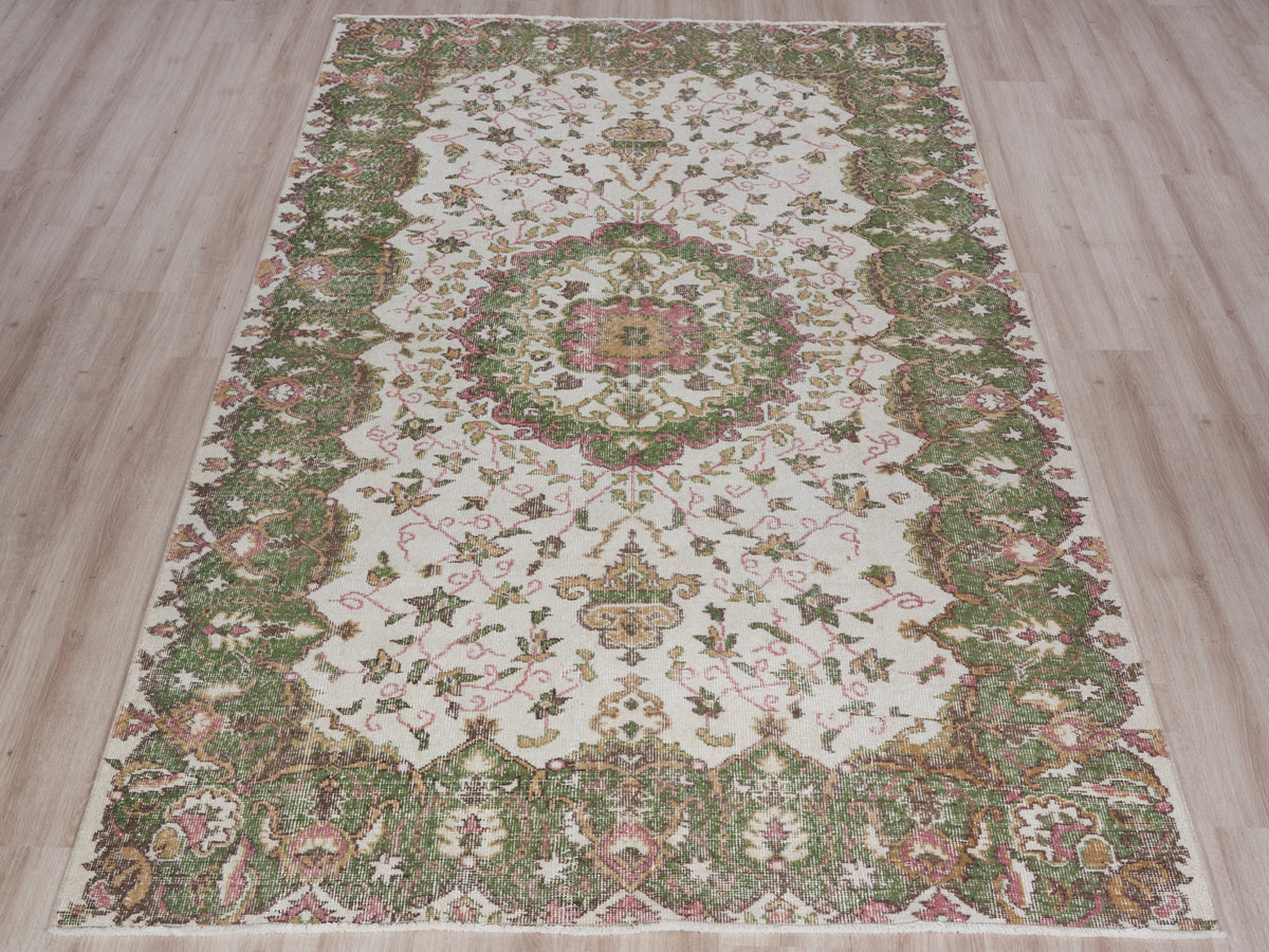 5'9" x 9'8" Vintage Turkish Green Beige Area Rug