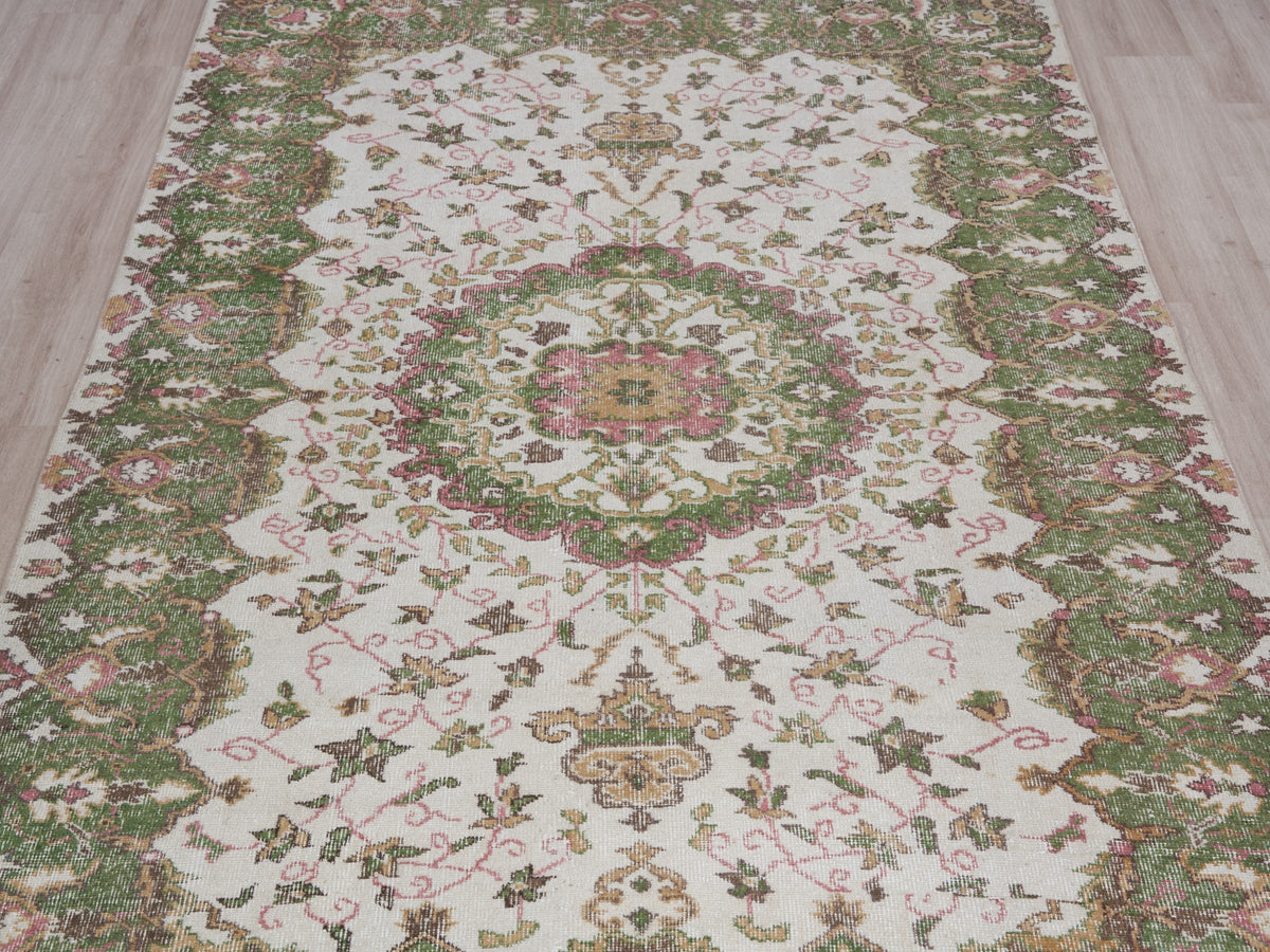 5'9" x 9'8" Vintage Turkish Green Beige Area Rug