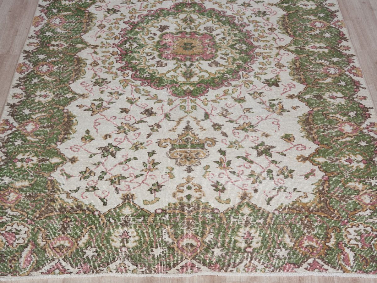 5'9" x 9'8" Vintage Turkish Green Beige Area Rug