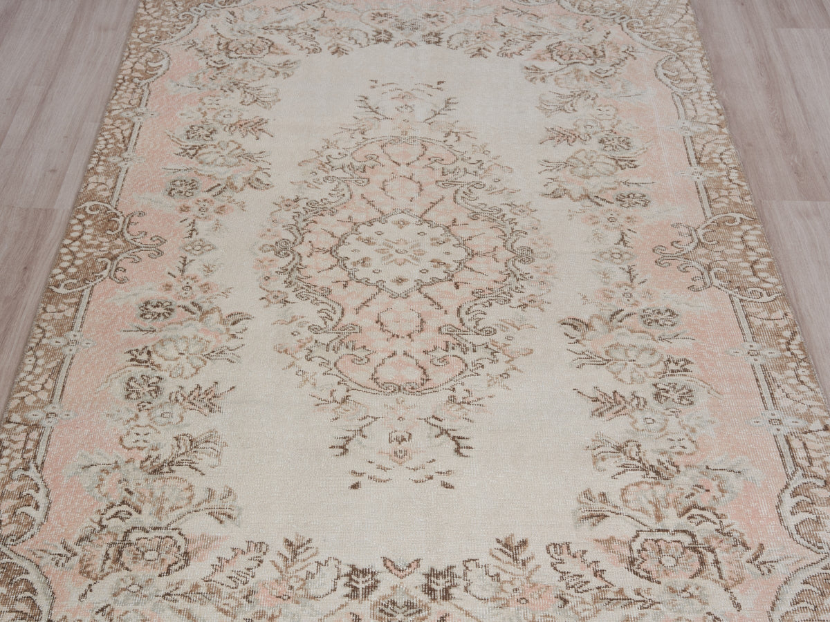 5'8" x 9'7" Beige Pink Hand-Knotted Vintage Rug