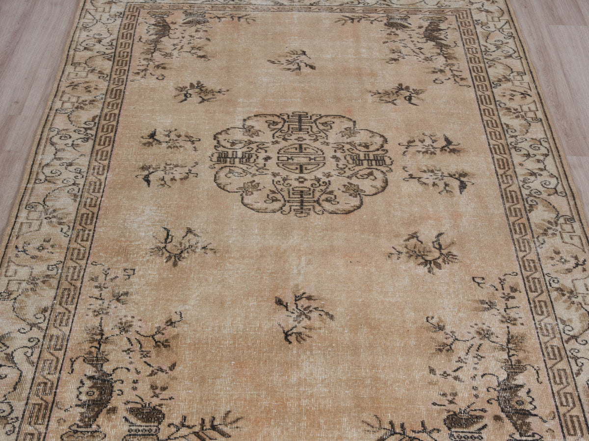 6'6" x 9'1" Neutral Hand-Knotted Vintage Turkish Area Rug