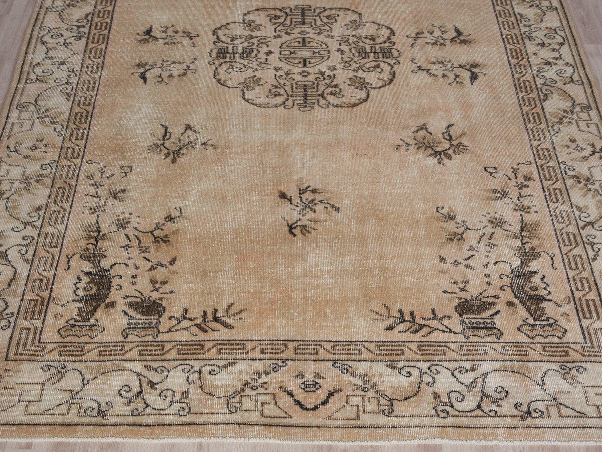 6'6" x 9'1" Neutral Hand-Knotted Vintage Turkish Area Rug