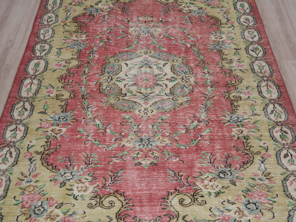 6'1" x 9'8" Pink Green Vintage Turkish Large Rug