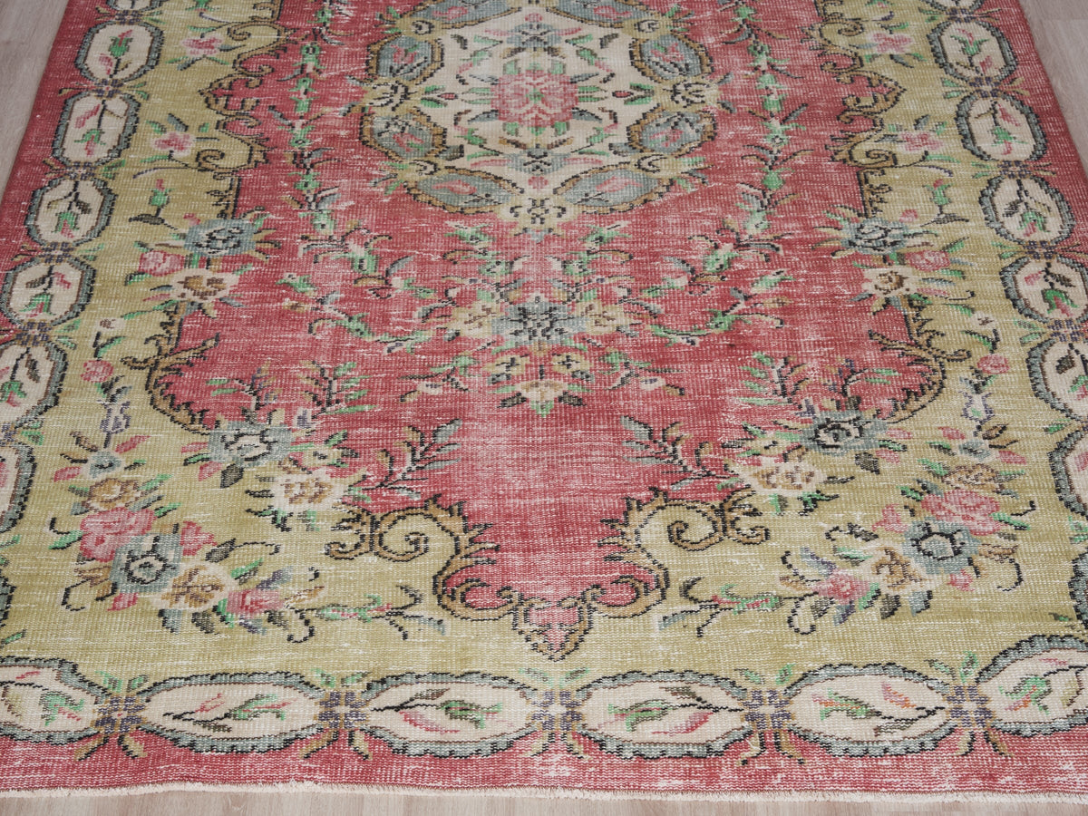 6'1" x 9'8" Pink Green Vintage Turkish Large Rug