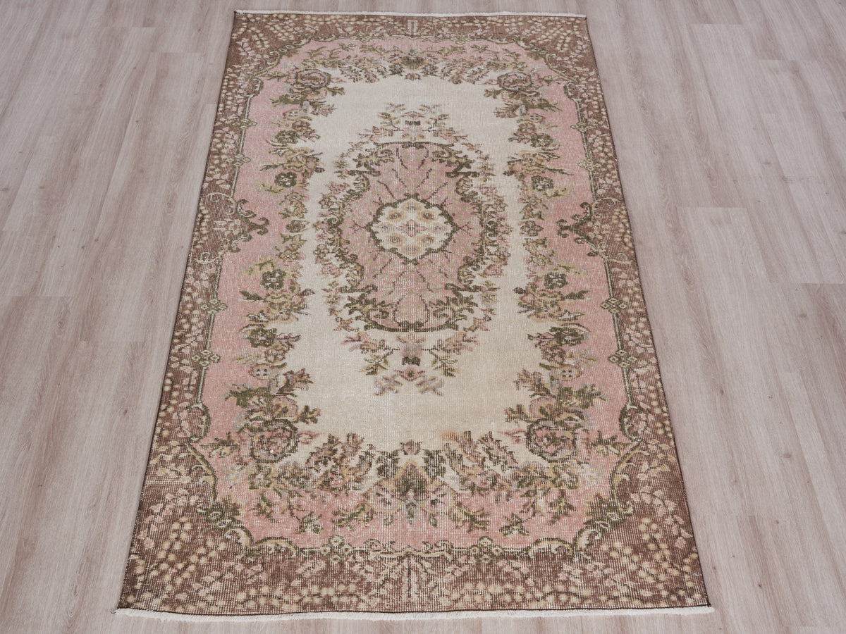 3'9" x 7'1" Vintage Pink Brown Turkish Rug