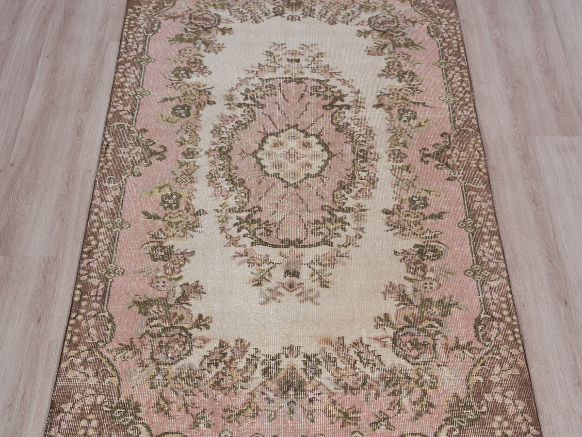 3'9" x 7'1" Vintage Pink Brown Turkish Rug