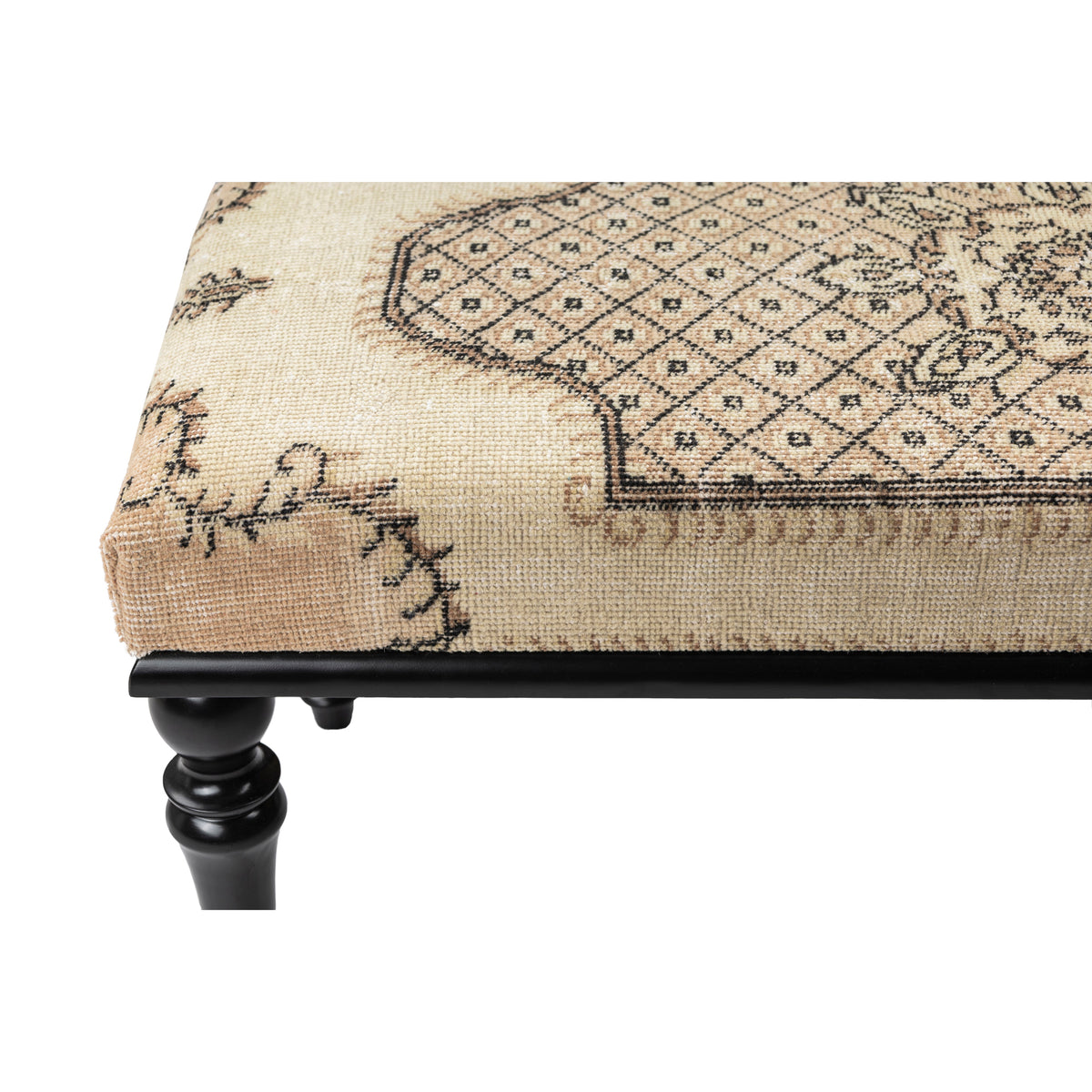 Turkish Vintage Rug Upholstered Handmade Wooden Ottomans