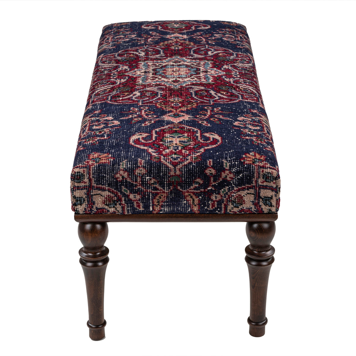 One-of-a-Kind Blue Vintage Rug Upholstered Ottoman Bench