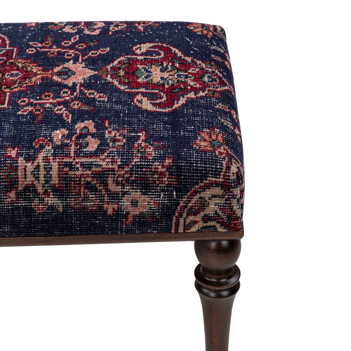 One-of-a-Kind Blue Vintage Rug Upholstered Ottoman Bench