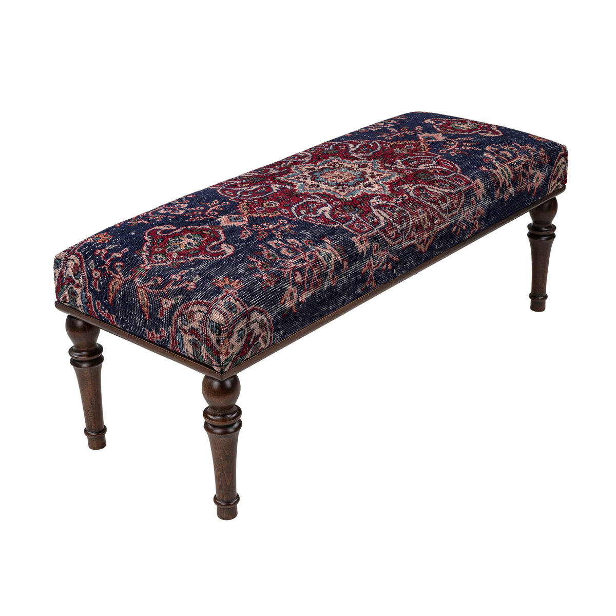 One-of-a-Kind Blue Vintage Rug Upholstered Ottoman Bench