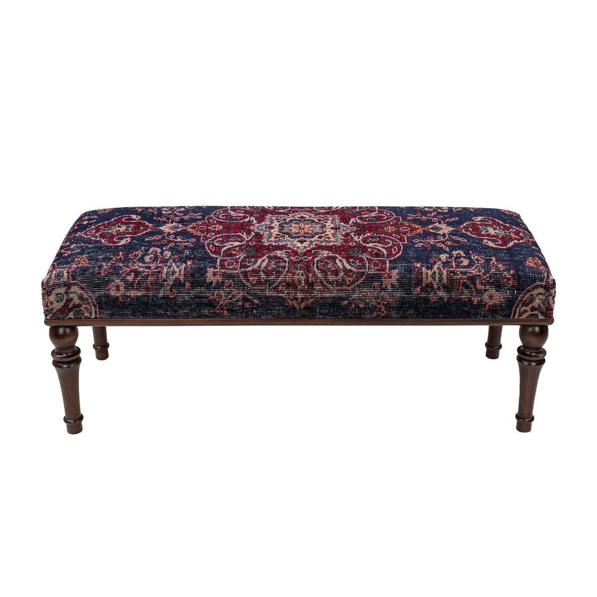 One-of-a-Kind Blue Vintage Rug Upholstered Ottoman Bench