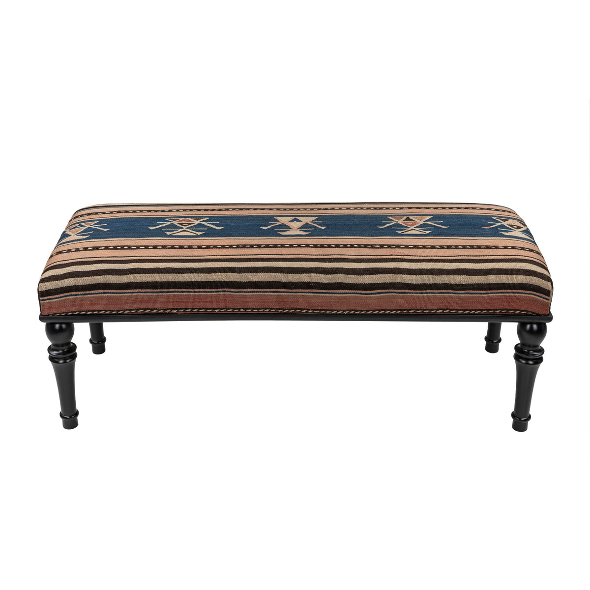 Turkish Vintage Kilim Upholstered Handmade Wooden Ottomans